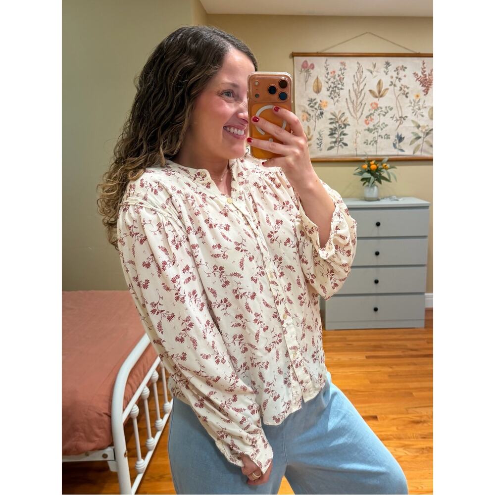 Frame Silk Blend Cream Blouse with Rust Floral Print Oversized Small - Picture 3 of 16